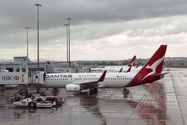 Qantas planes lined up at Melbourne's international airport on Feb. 22, 2021. (Saeed Khan/AFP via Getty Images)