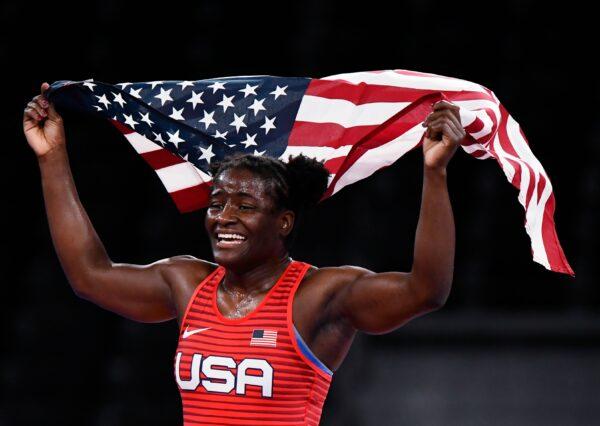 Tamyra Marianna Mensah-Stock of the United States celebrates after winning gold in women's freestyle 68kg wrestling final match at the Tokyo 2020 Olympics at Makuhari Messe Hall A, Chiba, Japan, on Aug. 3, 2021. (Piroschka Van De Wouw/Reuters)