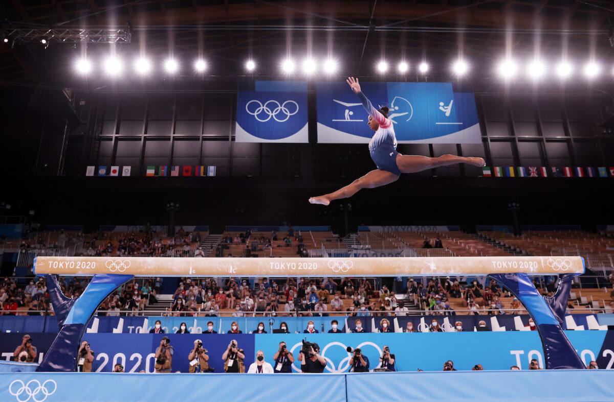 Simone Biles of Team USA competes in the Women's Balance Beam Final on day eleven of the Tokyo 2020 Olympic Games at Ariake Gymnastics Centre on Aug. 3, 2021 in Tokyo, Japan. (Jamie Squire/Getty Images)