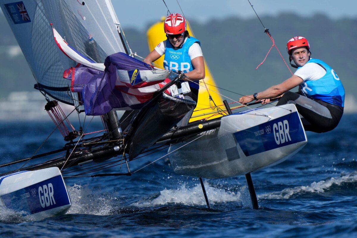 Great Britain’s Anna Burnet and John Gimson compete during the mixed Nacra 17 medal race at Tokyo 2020 Olympic Games, Tokyo, on Aug. 3, 2021. (Bernat Armangue/AP Photo)