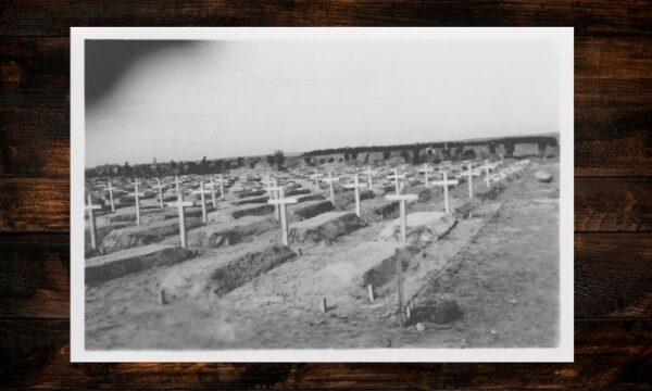 Crosses are placed at the graves of those killed during the Gardelegen Massacre. In the background are the townspeople digging the graves. The Ninth Army command required the townspeople to bury the dead, and to do so without masks or gloves. (Courtesy of the Harry Albert Elias family)