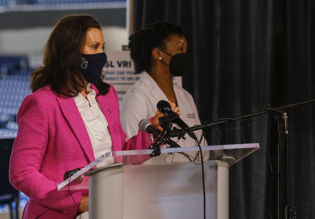 Michigan Governor Gretchen Whitmer speaks to members of the press about the rising numbers of Covid-19 cases in Detroit, Michigan, on April 6, 2021. (Matthew Hatcher/Getty Images)