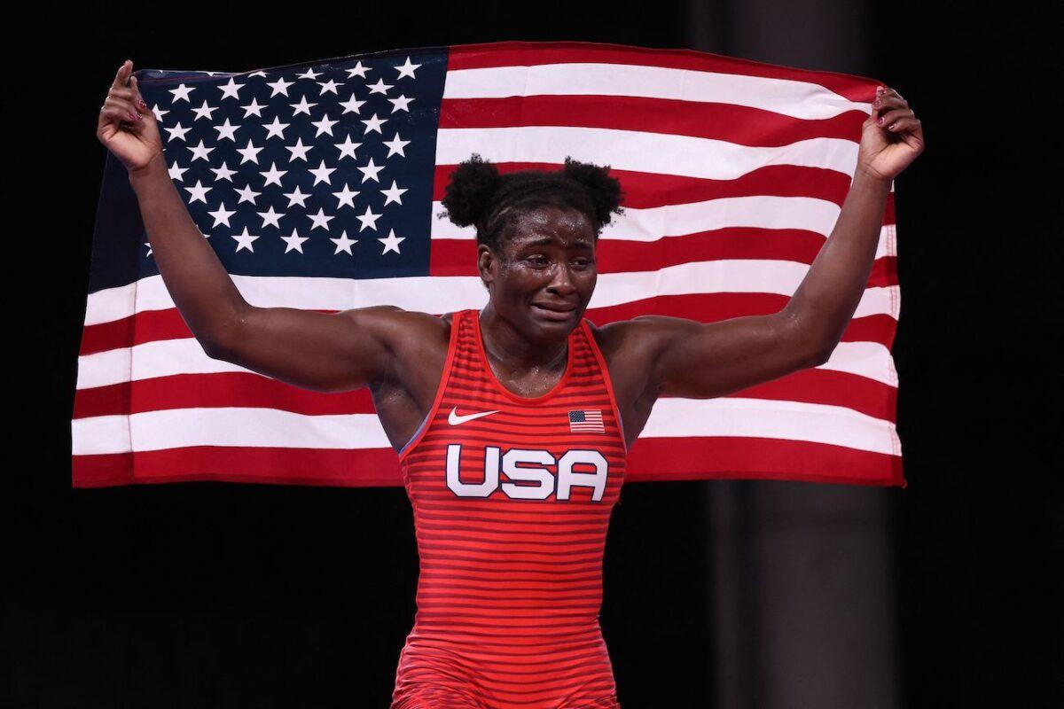USA's Tamyra Mariama Mensah-Stock celebrates her gold medal victory against Nigeria's Blessing Oborududu in their women's freestyle 68kg wrestling final match during the Tokyo 2020 Olympic Games at the Makuhari Messe in Tokyo on Aug. 3, 2021. (Jack Guez/AFP via Getty Images)