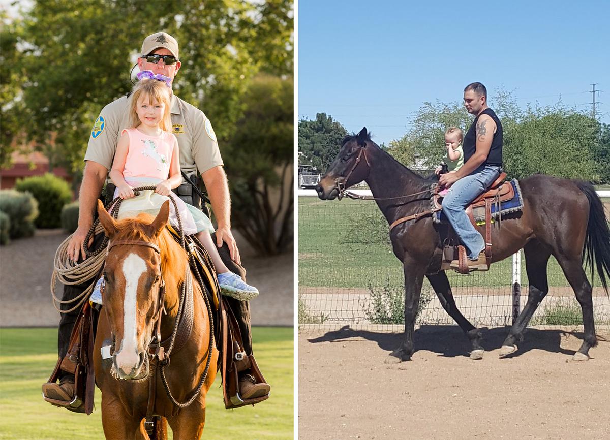 (Left) Julianna on horseback with a mounted MCSO officer; (Right) Julianna riding a horse with her late father. (Courtesy of <a href="https://www.facebook.com/JoshuaKinnardFoundation">Maggie Jones</a>)