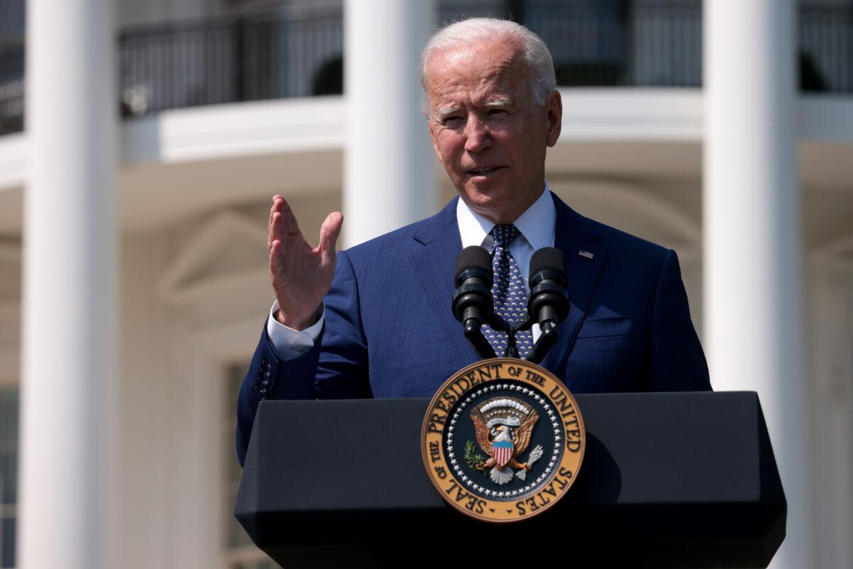 U.S. President Joe Biden delivers remarks during an event on the South Lawn of the White House in Washington, on Aug. 5, 2021. (Win McNamee/Getty Images)