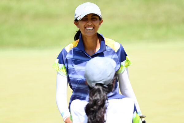 Aditi Ashok of Team India during the third round of the Women's Individual Stroke Play on day fourteen of the Tokyo 2020 Olympic Games at Kasumigaseki Country Club in Kawagoe, Japan, on Aug. 6, 2021. (Toby Melville/Reuters)