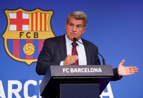 FC Barcelona president Joan Laporta during the Barcelona Press Conference in Barcelona, Spain, on Aug. 6, 2021. (Albert Gea/Reuters)