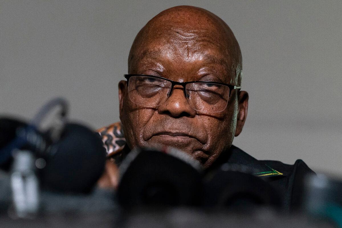 Former South African President Jacob Zuma addresses the press at his home in Nkandla, KwaZulu-Natal Province, South Africa, on Aug. 6, 2021. (Shiraaz Mohamed/AP Photo)