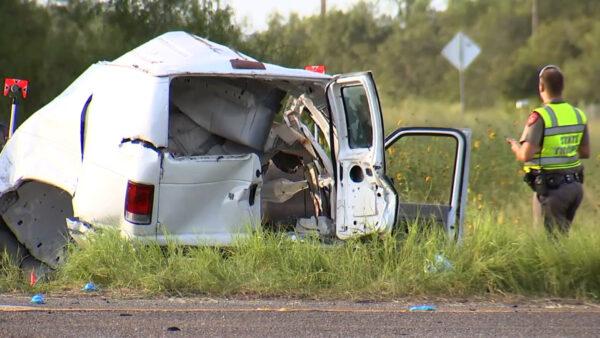 An emergency responder works at the scene of a deadly van crash in Encino, Texas, on Aug. 4, 2021. (Courtesy of KRGV)