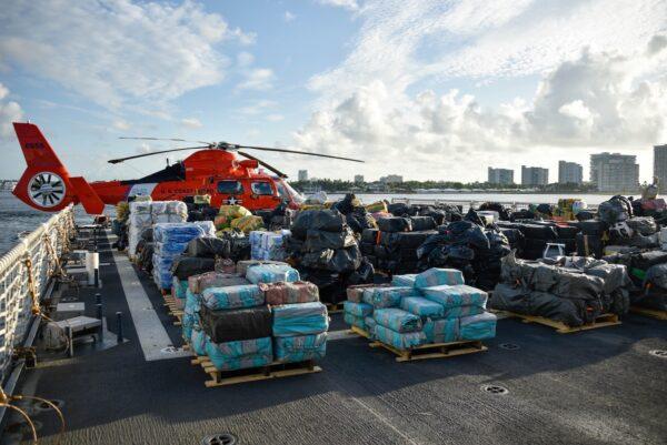 Some of the 59,700 pounds of cocaine and 1,430 pounds of marijuana on the Coast Guard Cutter James seen on Aug. 5, 2021 waiting to be offloaded at Port Everglades, Florida. (U.S. Coast Guard)