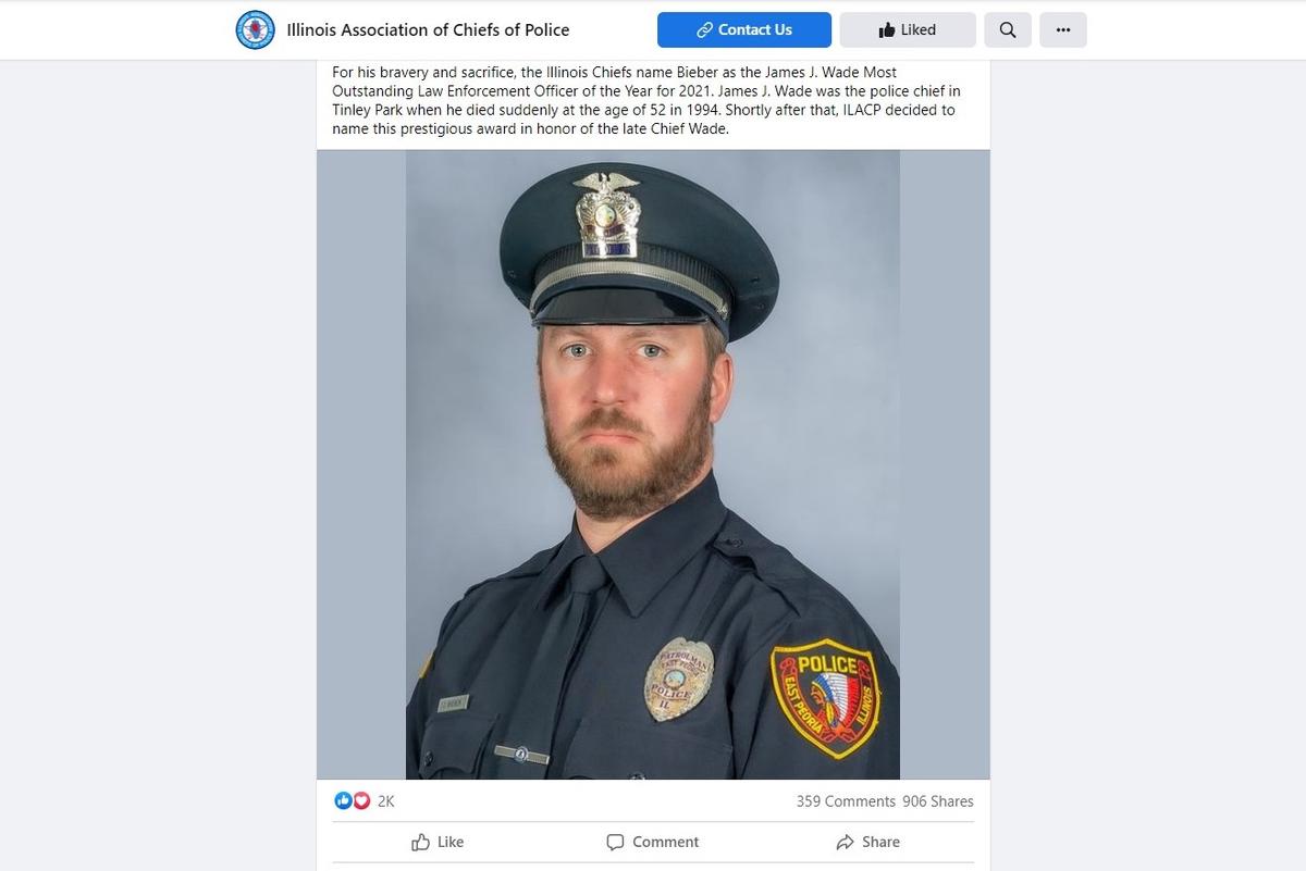 A screenshot of Illinois Association of Chiefs of Police's Facebook post promoting East Peoria Police Department patrolman Jeffery Bieber. (Screenshot by The Epoch Times)