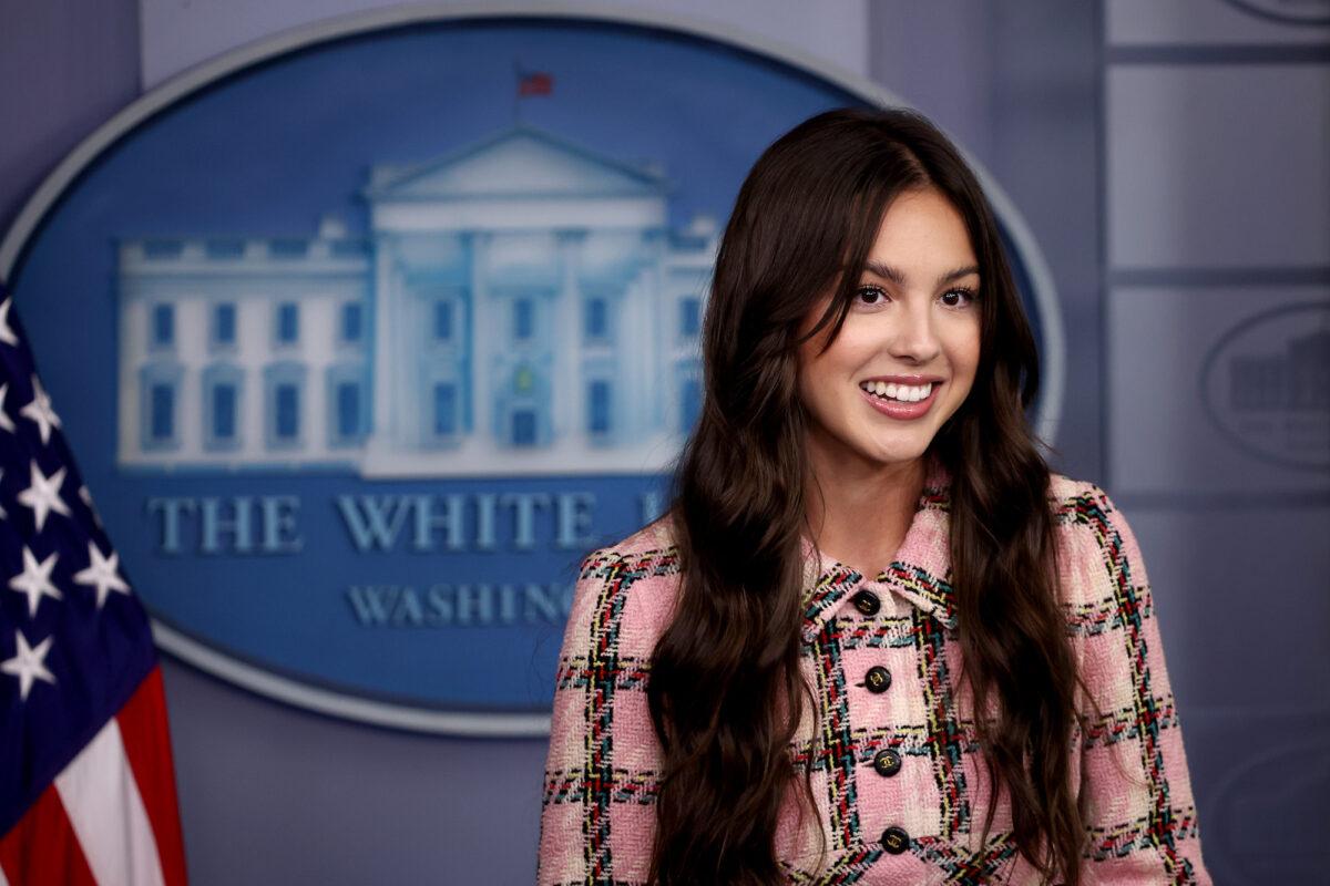 Pop music star and Disney actress Olivia Rodrigo speaks to reporters at the White House, on July 14, 2021. (Chip Somodevilla/Getty Images)