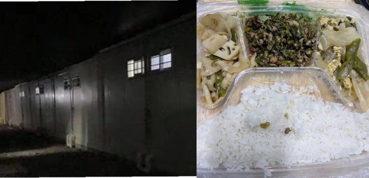 These photos are to show the outside of a quarantine center (L) in Ruili city of Yunnan Province, China and a supplied meal (R) during the 21- day mandatory quarantine. (Courtesy of Qing Yun)
