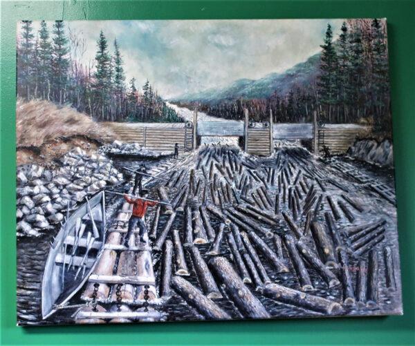 A painting of a log drive is on display at the Maine Forestry Museum in Rangeley, Maine. (Courtesy of Victor Block)