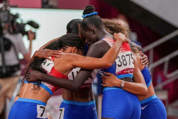The team from the United States wins the women's 4 x 400-meter relay at the 2020 Summer Olympics, in Tokyo, Japan, on Aug. 7, 2021. (Matthias Schrader/AP Photo)