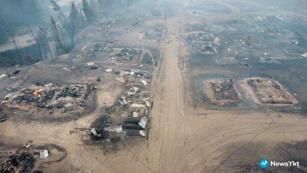 An aerial of the Byas-Kuel village after a wild fire, in Russia Far East, on Aug. 8, 2021. (NewsYkt via AP)