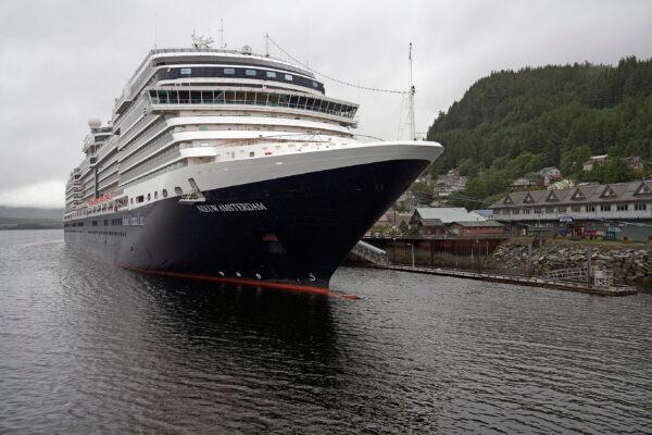 The Holland America Line cruise ship Nieuw Amsterdam is docked at Berth 4 in Ketchikan, Alaska. on Aug. 5, 2021. (Dustin Safranek/Ketchikan Daily News via AP)