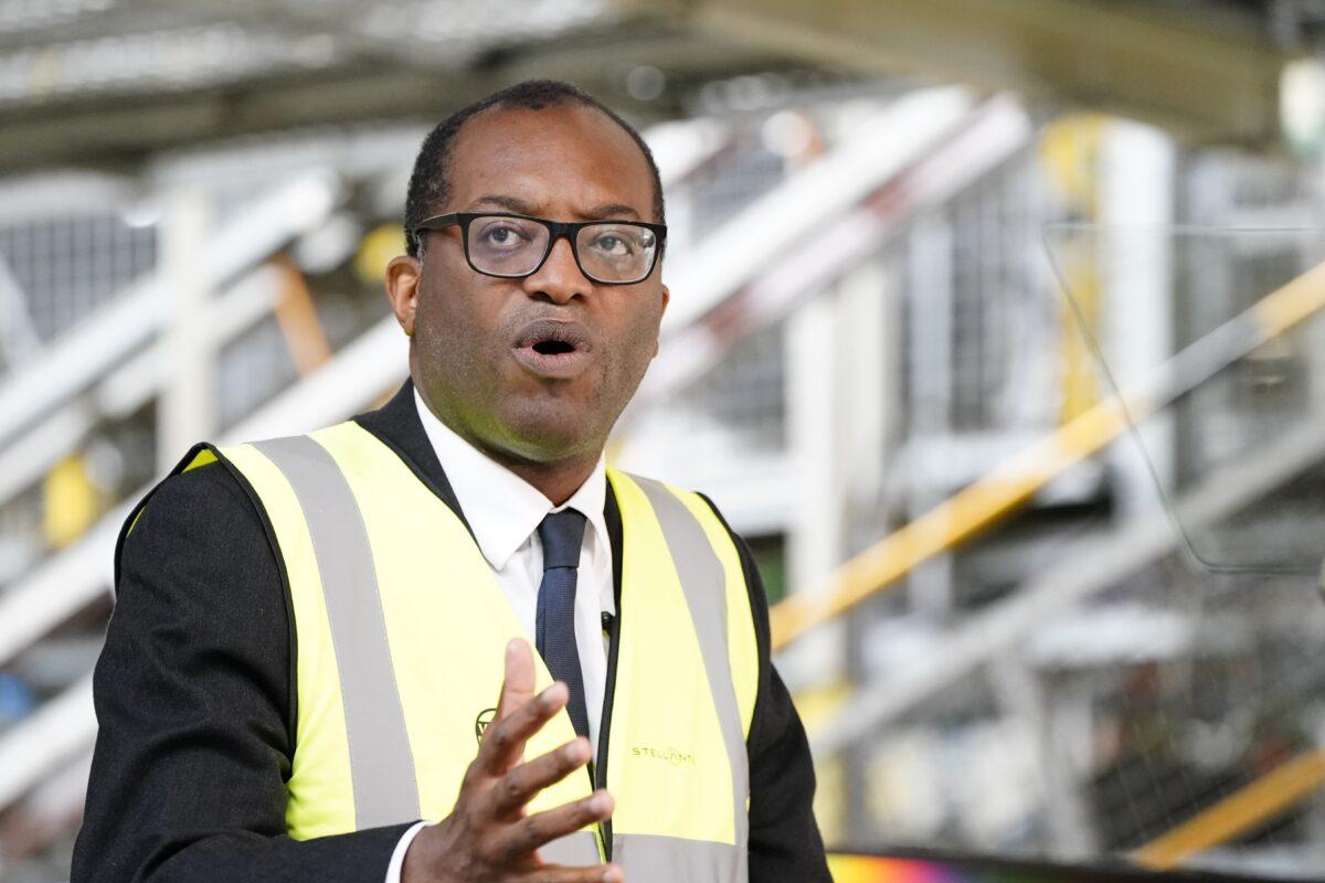 Kwasi Kwarteng, secretary of state at the Department of Business, Energy, and Industrial Strategy, speaking during a press conference in Cheshire, England, on July 6, 2021. (Peter Byrne/PA)