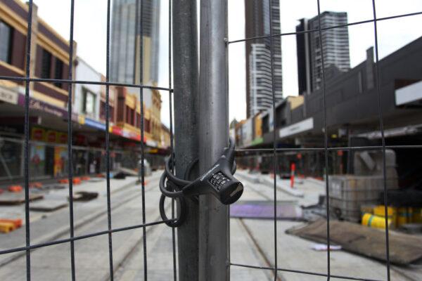 A tram construction site is closed in the central business district of Parramatta in Sydney, Australia, on July 31, 2021. (Lisa Maree Williams/Getty Images)