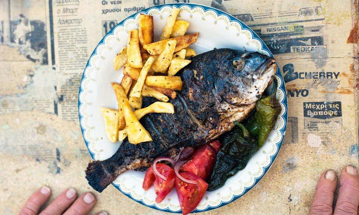 Yiayia Anastasia’s Greek Marinated Sea Bream, Greek Salad, and Garlic Dip (Skordalia)