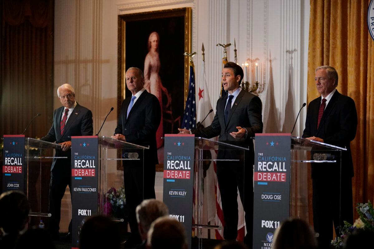 (L-R) Republican candidates for California governor John Cox, Kevin Faulconer, Kevin Kiley, and Doug Ose participate in a debate at the Richard Nixon Presidential Library in Yorba Linda, Calif., on Aug. 4, 2021. (Marcio Jose Sanchez/AP Photo)