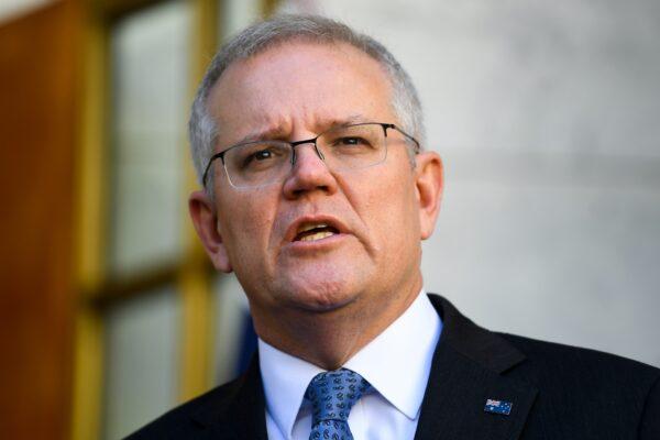 Australian Prime Minister Scott Morrison speaks to the media during a press conference at Parliament House in Canberra, Australia on Aug. 10, 2021. (AAP Image/Lukas Coch)