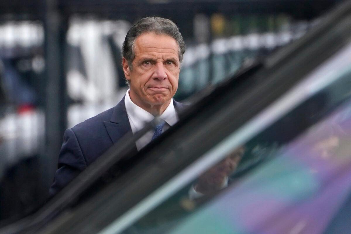 New York Gov. Andrew Cuomo prepares to board a helicopter after announcing his resignation, in New York, on Aug. 10, 2021. (Seth Wenig/AP Photo)