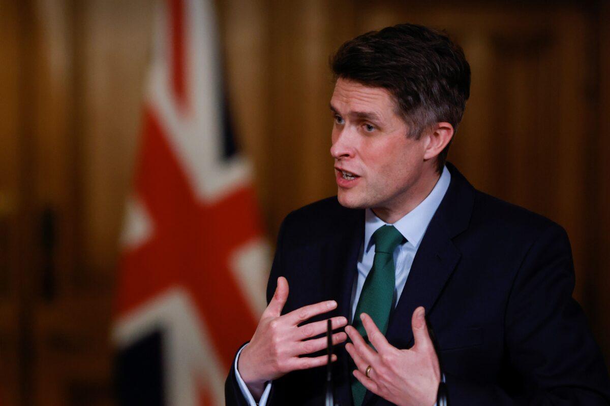 Britain's then-Education Secretary Gavin Williamson speaks during a virtual press conference inside 10 Downing Street in central London on Feb. 24, 2021. (John Sibley/POOL/AFP via Getty Images)
