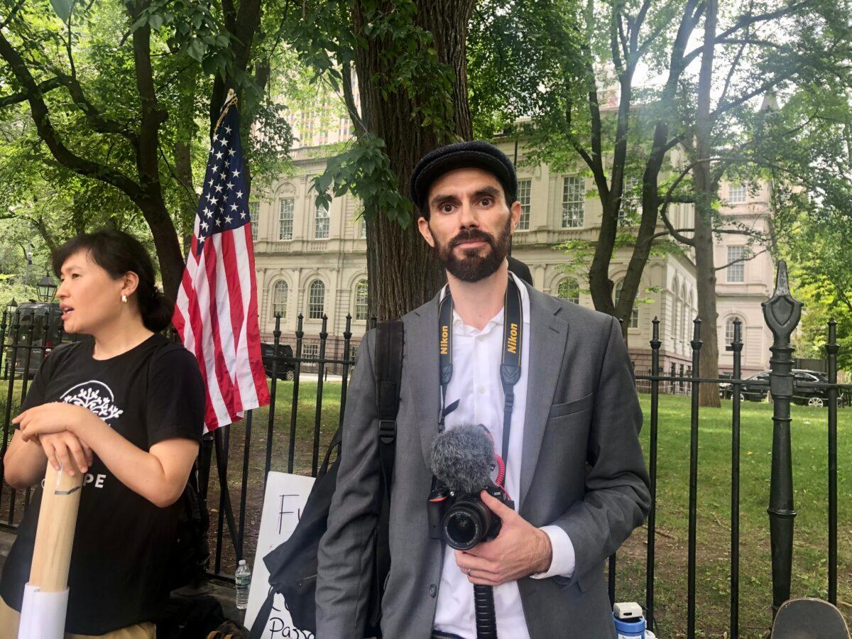 Kevin, organizer of a rally and march to protest against mandatory vaccines at New York City Hall on Aug. 9, 2021. (Enrico Trigoso/The Epoch Times)