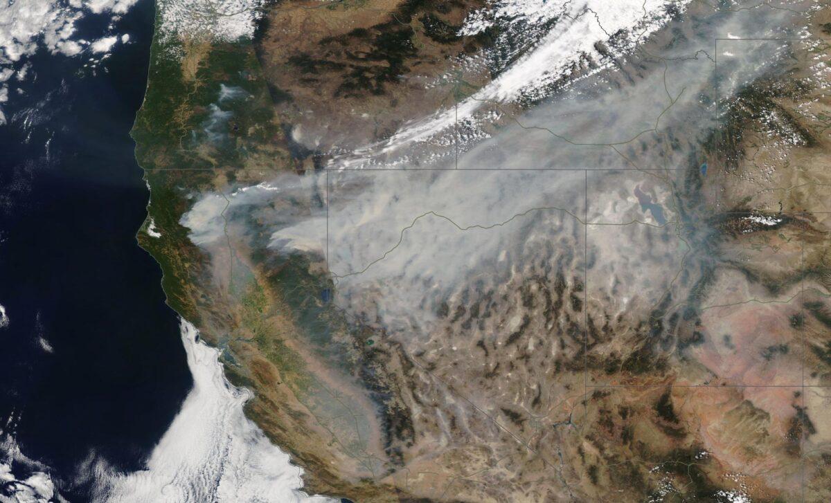 In this satellite image provided by Maxar Technologies the Dixie Fire burns in Northern California on Aug. 8, 2021. (Satellite image ©2021 Maxar Technologies via AP)