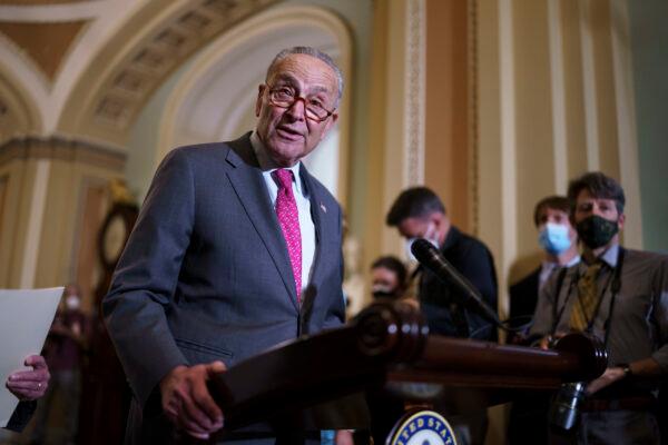 Senate Majority Leader Chuck Schumer (D-N.Y.) speaks to reporters at the Capitol in Washington on Aug. 3, 2021. (J. Scott Applewhite/AP Photo)