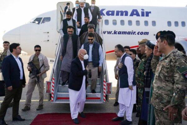 Afghanistan president Ashraf Ghani arrives in Mazar-i-Sharif to check the security situation of the northern provinces, in Afghanistan, on Aug. 11, 2021. (Afghan presidential palace/Handout via Reuters)