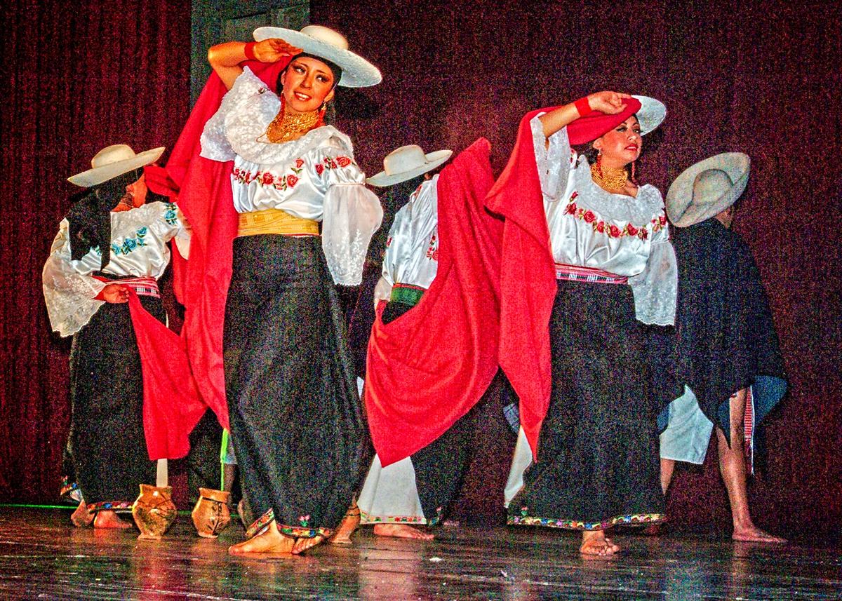 Performers in Quito’s Ecuadorian Folklore Ballet, Jacchigua, an elaborate song and dance cultural show celebrating the folklore of the Indians of the Andes. (Copyright Fred J. Eckert)