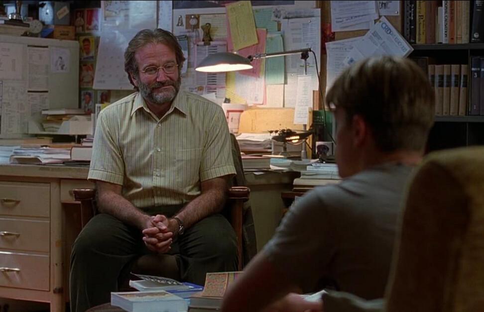 Sean (Robin Williams, L) and Will (Matt Damon), in “Good Will Hunting.” (Miramax)