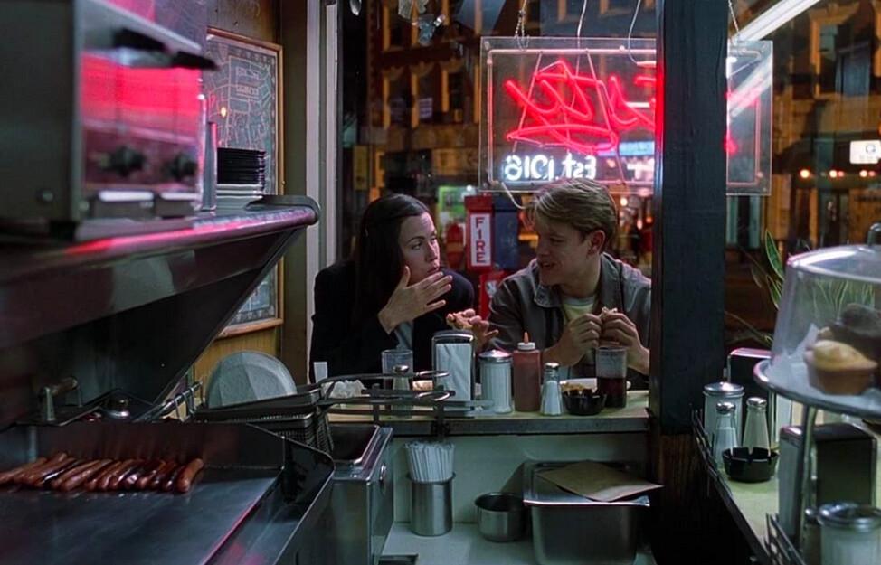 Skylar (Minnie Driver) and Will (Matt Damon) out on a date. She gave him her number after watching him verbally destroy a hostile Harvard student, in “Good Will Hunting.” (Miramax)