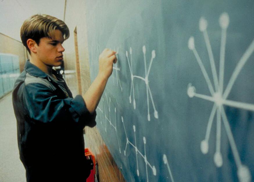 Twenty-year-old uneducated janitor Will Hunting (Matt Damon) solves a Ph.D.-level math problem in “Good Will Hunting.” (Miramax)