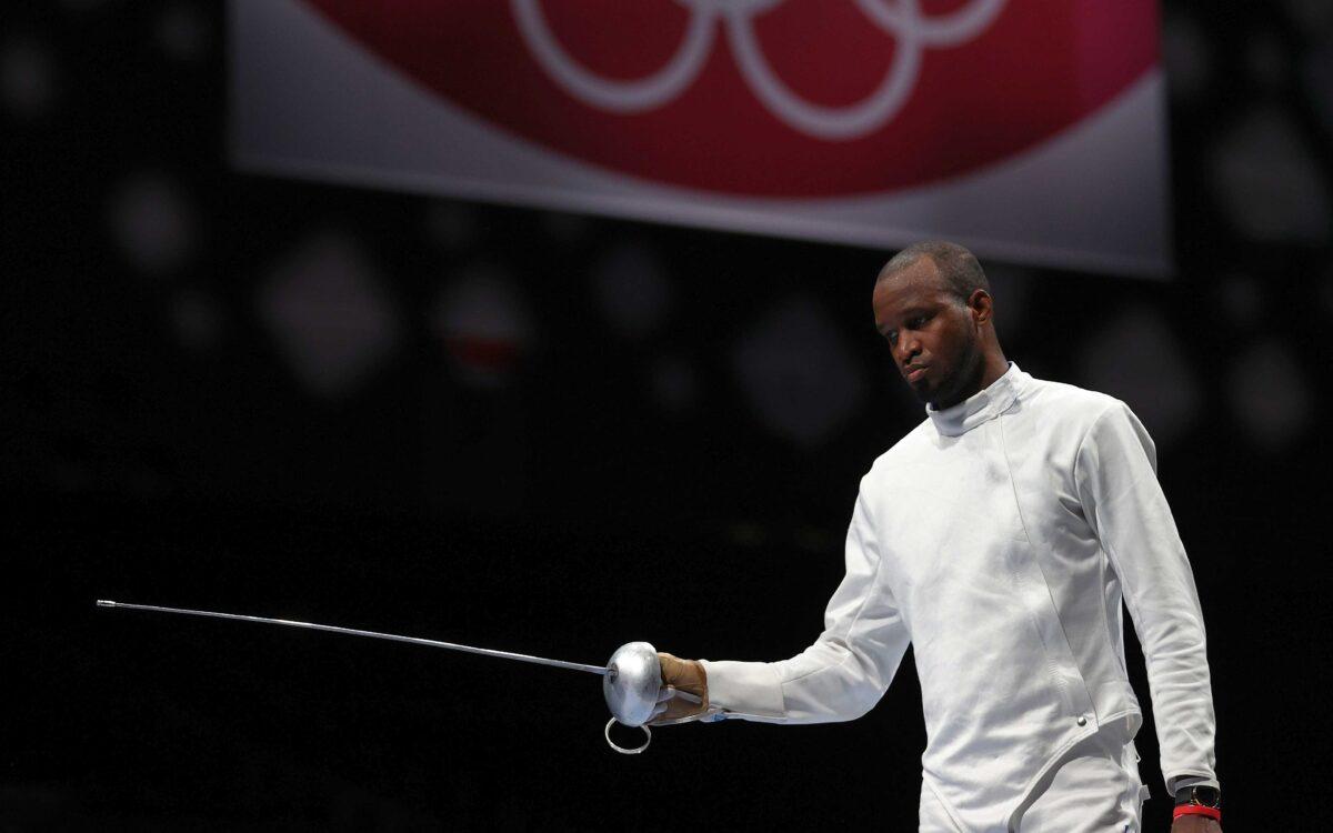 Yeisser Ramírez of Team United States prior to his match against Team Japan in Men's Épée Team Table of 16 on day seven of the Tokyo 2020 Olympic Games at Makuhari Messe Hall in Chiba, Japan, on July 30, 2021. (Elsa/Getty Images)