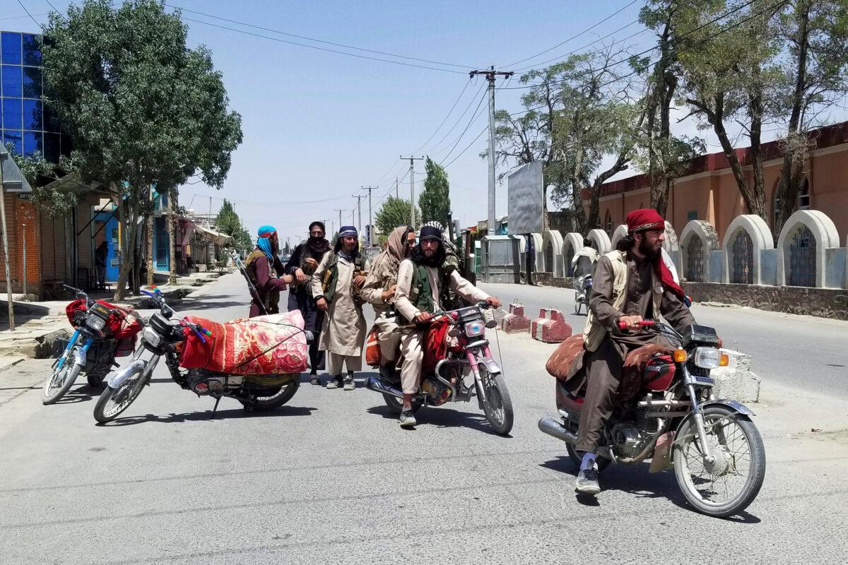 Taliban terrorists patrol inside the city of Ghazni, southwest of Kabul, Afghanistan, on Aug. 12, 2021. (Gulabuddin Amiri/AP Photo)