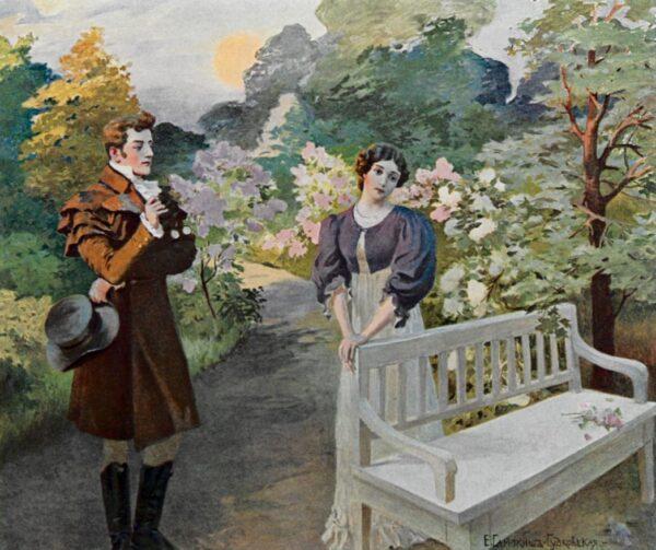 An illustration by Samokish-Sudakovskaya from the 1908 edition of Russian author Alexander Pushkin's novel "Eugene Onegin." Tchaikovsky's opera based on the novel reveals a desire to return to a life close to nature. (PD-US)