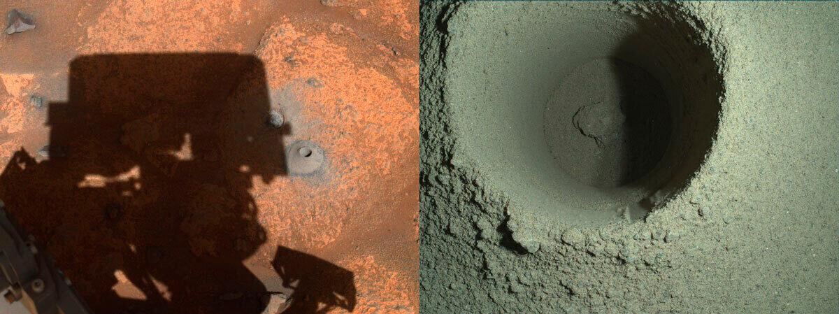 This pair of August 2021 images made available by NASA shows the drill hole from Perseverance’s first sample-collection attempt on Mars. NASA is blaming unusually soft rock for last week’s sampling fiasco on Mars. The Perseverance rover came up empty after attempting to collect its first core sample on the red planet for eventual return to Earth. (NASA/JPL-Caltech/MSSS via AP)