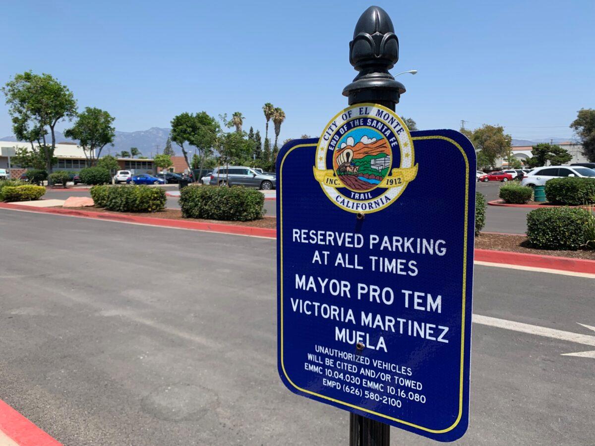 A reserved parking space for mayor pro tem at El Monte City Hall in El Monte, Calif., on Aug. 13, 2021. (Sarah Le/The Epoch Times)