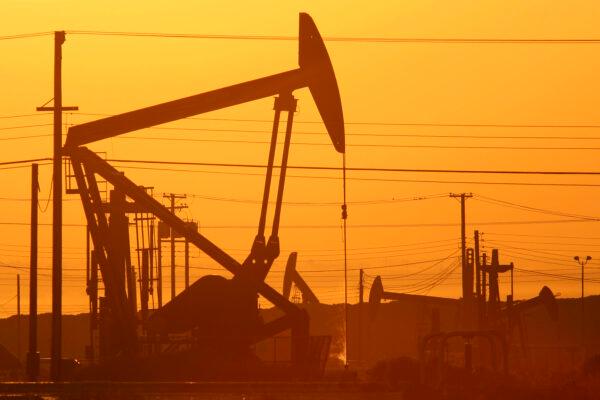 Pump jacks are seen at dawn near Lost Hills, Calif. on March 24, 2014. (David McNew/Getty Images)