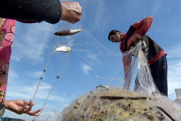 A couple pulls their net in the Mekong River in Kandal, Cambodia, on Jan. 5, 2018. (Tang Chhin Sothy/AFP)