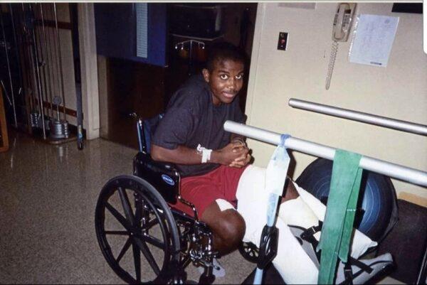 In physical therapy after being shot by a sniper while serving in Iraq. (David Kendrick)