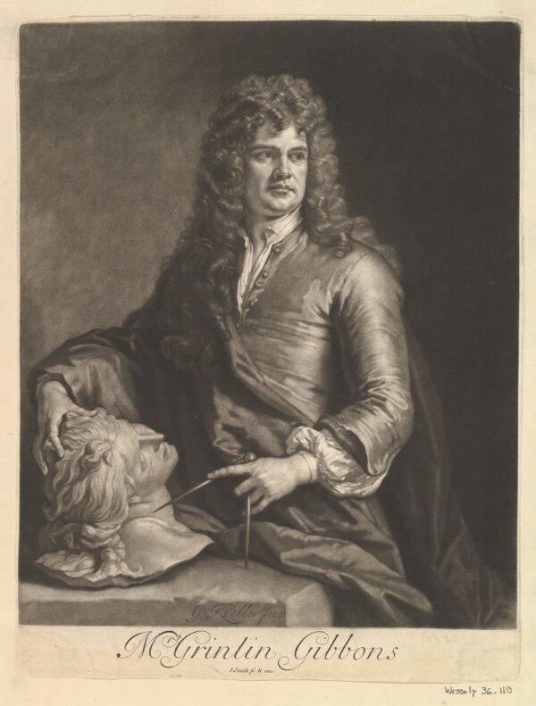 Grinling Gibbons, 1690, by John Smith, after Sir Godfrey Kneller. Mezzotint; 13 3/8 inches by 10 5/16 inches. Harris Brisbane Dick Fund, 1925, The Metropolitan Museum of Art. (Public Domain)