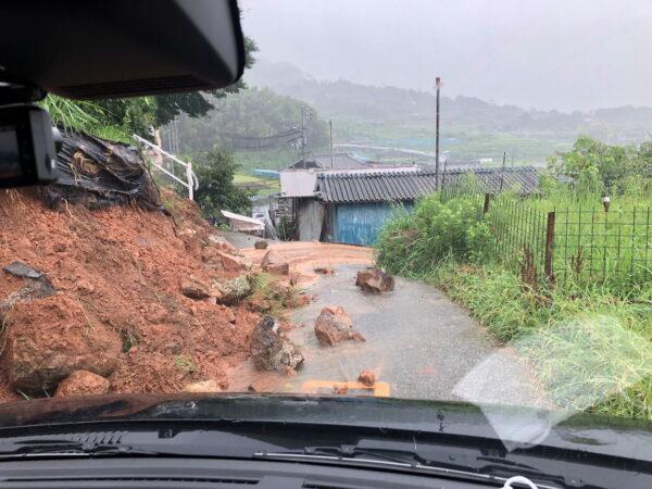 A landslide in Kure, Hiroshima Prefecture, Japan after heavy rains, on Aug. 13, 2021. (Twitter @kappachan1115 /via Reuters)