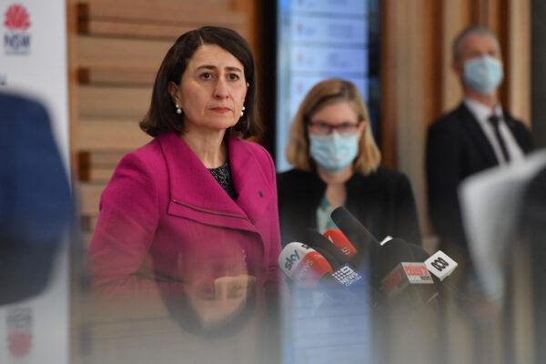 NSW Premier Gladys Berejiklian and Chief Health Officer Dr Kerry Chant at a press conference to provide a COVID-19 update in Sydney, Australia, on Aug. 6, 2021. (AAP Image/Pool/Mick Tsikas)