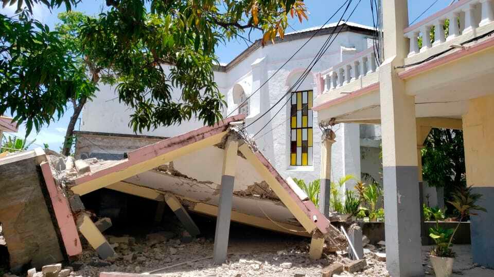 Sacred Heart church is damaged after an earthquake in Les Cayes, Haiti, on Aug. 14, 2021. (Delot Jean/AP Photo)