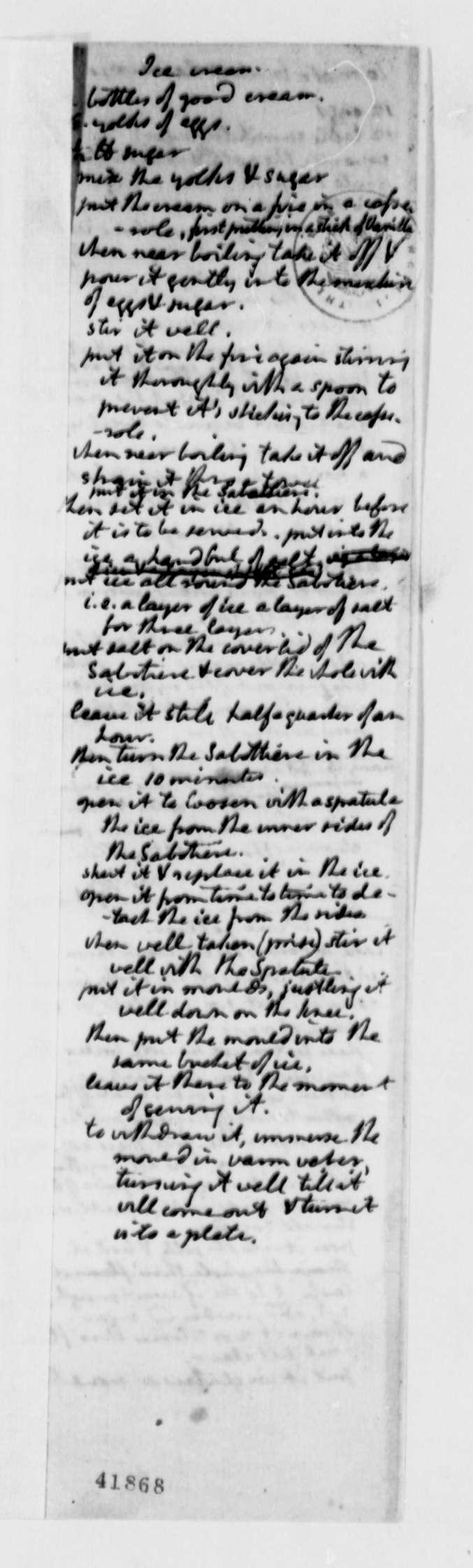 Thomas Jefferson's ice cream recipe. (Library of Congress, Manuscript Division)