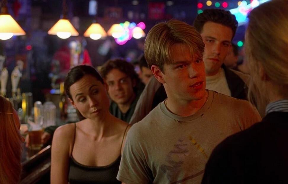 (L–R) Minnie Driver, Casey Affleck, Matt Damon, Ben Affleck, and Scott William Winters, in an actual genius-versus-Harvard-student verbal showdown in “Good Will Hunting.” (Miramax)